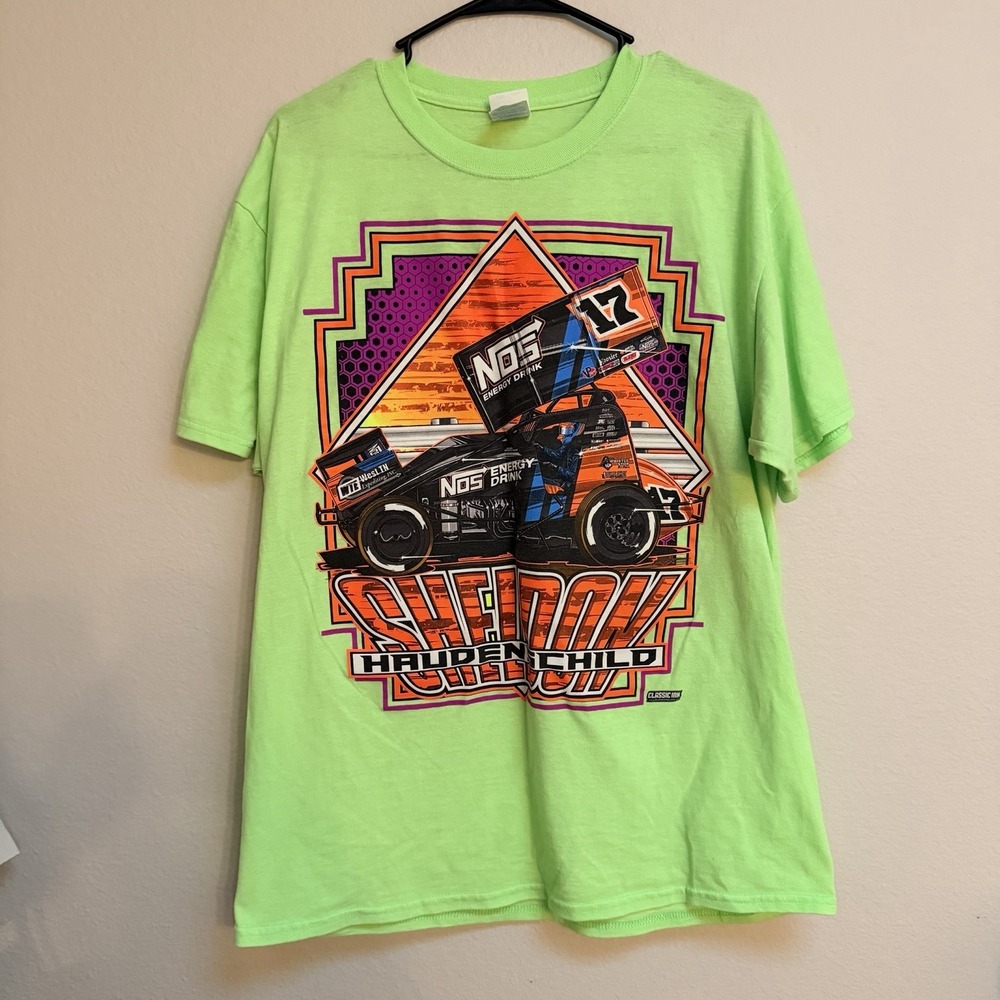 Sheldon Haudenschild Men Large Neon Green Racing NOS Energy #17 Sprint Car Shirt
